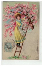 BONNE FETE #17547 FILLETTE SUR UNE ECHELLE SUR UN ARBRE CERISIER DU JAPON GAUF