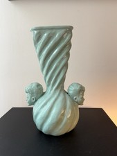 Rare Vase Céramique Turquoise Comportant Deux Têtes de Jeune Homme Début XXème