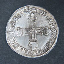Pièce 1/4 d'écu en argent Louis XIV de 1648. Type 1