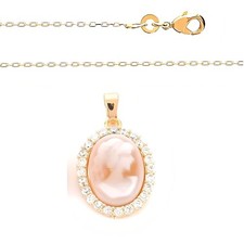 Collier - Femme - Pendentif  - Ovale - Camée - Rose - Plaqué Or Jaune 585/1000
