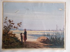 très belle petite aquarelle enfant et adulte dans un paysage au bord d'un marais