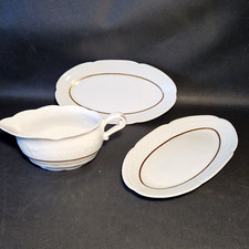 🔅 plats ovales & saucière en porcelaine du Berry création Lourioux blanche & or