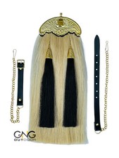 Sporran En Crin De Cheval Blanc Plaqué Or Écossais Avec 2 Franges Noires