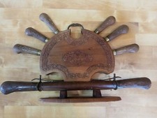 Vintage INDIA Hand carved Wood Brass Stainless Steel 9 piece CARVING set