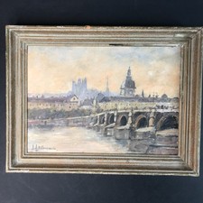 LYON LE RHONE FOURVIÈRE peinture de LALLEMAND 20e gouache tableau ancien vintage