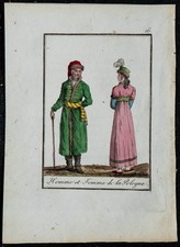 1815 - Costumes polonais - Gravure ancienne en couleurs - Pologne