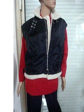 BLOUSON VESTE DOUDOUNNE NOIR SATINE SANS MANCHE FOURRURE BLANCHE T M/L 38/40 TBE