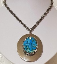 COLLIER VINTAGE CHAINE PENDENTIF CASSOLETTE PORTE PHOTO ACIER TURQUOISE # V150