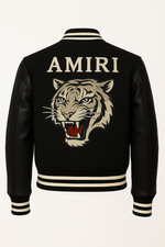 AMIRI Varsity Jacket – Tiger Embroidery, Black Wool & Leather Sleeves, Streetwea