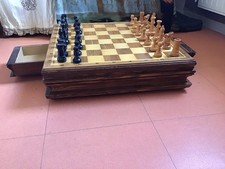 Jeu Échecs Fait Main 1990 Chênes Massif Et Marqueterie AVC Pièce En Buis
