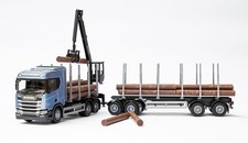 EMEK, SCANIA R450 6x4 bleu avec grue de chargement et remorque transport de b...