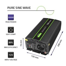 Convertisseur de tension Qoltec Monolith 1000W, 2000W, 12V à 230V, Pure Sin