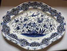 Ancien plat signé ovale faience décor d'oiseaux & fleurs type Moustiers TBE