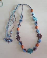 Collier Sautoir À Grosses Perles Bois Marron Bleu Orange