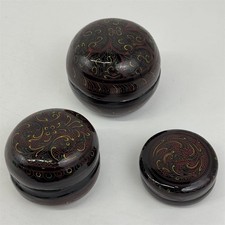 Lot De 3 Vintage Main Peint Floral Noir Laque Rond Nesting Bibelot Boîtes