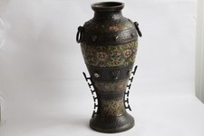 Vase bronze émaux cloisonnés cabochons Indochine (35731)