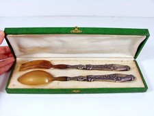 Antique French Art Nouveau Poppy Sterling Silver Salad Serving Set Mark "HC" Box