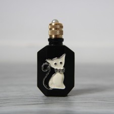 5.9 cm, Miniature de parfum vide, bouteille en verre décorée d'un chat assis