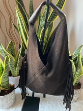 Sac shopper c/ franges fille en daim véritable marron c/pochettes