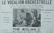 PUBLICITE THE AEOLIAN LE VOCALION ORCHESTRELLE PICK UP PIANO DE 1929 FRENCH AD