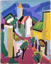 PIERRE AMBROGIANI (1907-1985) GOUACHE AU POCHOIR. VILLAGE CORSE. AMBROGIANI.