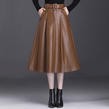 Femme Simili Cuir Jupe Midi Avec Ceinture Plissé Taille Haute PU Cuir
