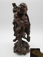 22 Cm CHINE : MAGNIFIQUE SCULPTURE / STATUE EN BOIS DIEU BOUDDHA RIEUR 