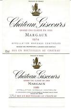 2 étiquettes Chateau Giscours 1974 et 81. Margaux Grand Cru Classé 1855.