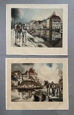 Chevaux de trait au bord du canal, paire de gravures signées, eaux fortes