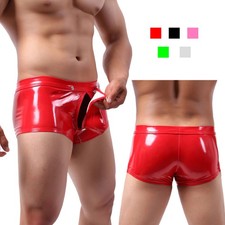 Boxer short sexy gay sous vêtement pour homme simili cuir aspect humide poche entrejambe ouverte