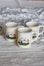 3 mugs faïence vintage motif oies et liseré bleu