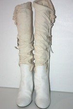 CELINE Bottes Cavalières à Talons Lin Cuir Blanc Cordelettes T 36 TBE