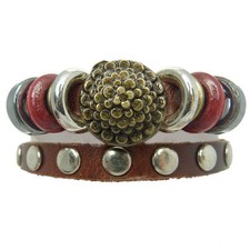 BRACELET CUIR homme femme 15,5 à 17 Cm Cuir fleur clous marron rouge doré tribal