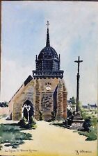 aquarelle Blossier Y église de Perros Guirec Original Bretagne