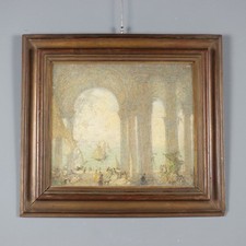 Tableau Ancien Signé Gregorio Mariani Portique avec Figures XIXe Siècle