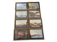 Série 8 gouaches napolitaines paysages éruption Vésuve Fusaro Naples XIXème