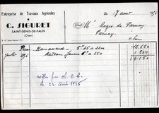 SAIT-DENIS-de-PALIN (18) TRAVAUX AGRICOLES "C. SIGURET" Facture en 1956