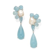 18k or Blanc Baroque Perle de Culture, Aigue-Marine et Diamant Pendentif Boucles