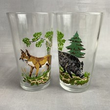 Duo  verre décor animaux de la foret verrerie de Reims France Haut.~11.5cm
