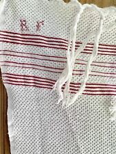 Antique French GUEST TOWEL cotton nid d’abeille FRINGES red LITEAU RF mono c1900
