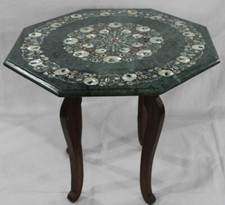 18 " Vert Marbre Table Top Pierre Handmade Avec Stand en Bois