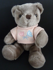 766. Doudou peluche OURS gris pull rose fleur bleu 24cm marque inconnue - TTBE