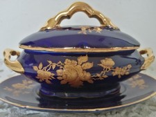 Ancienne Mini Soupière sur Plat Bleu Cobalt Or Décor Main PORCELAINE LIMOGES