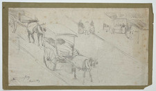 NEUILLY Carriole Voiture Cheval DESSIN ORIGINAL signé EDOUARD DUFEU (1836-1900 )