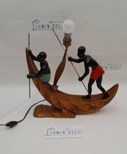 LAMPE A POSER ANCIENNE PIROGUE ET PERSONNAGES EN BOIS SCULPTÉ - CIRCA 1930 1940