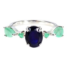 925 Bague en Argent Ovale Bleu Saphir 9x7mm Émeraude Gemme Bijoux Sz 8