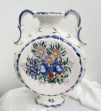 French Vintage Hand Painted Flowers Quimper Pottery White Round Handled Vase 11”