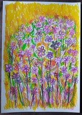 Tableau Peinture Fleurs bouquet rose mauve jaune deco 21x30cm/feuille signée