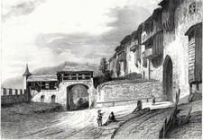 1838 Gravure:  PORTE D'ENTRÉE A GRUYÈRES (Fribourg, Suisse) GIRARD, gravé BISHOP