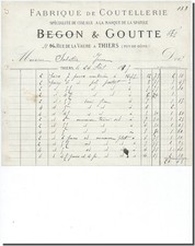 Facture - Begon & Goute Fabrique de coutellerie à Thiers 1885